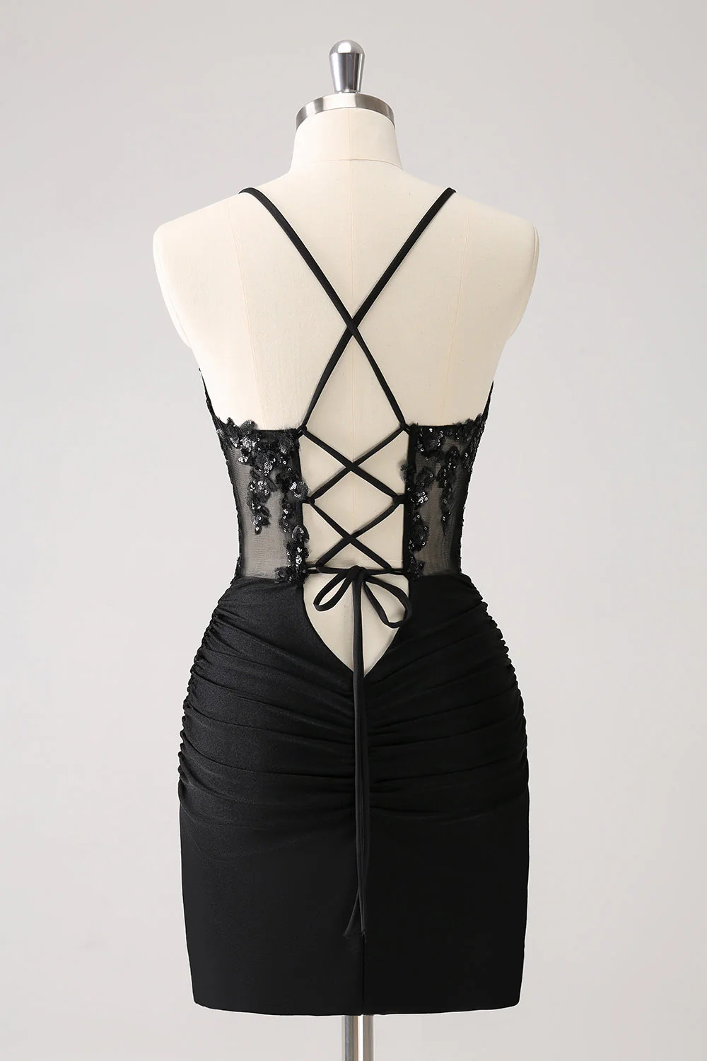 Sparkly Black Bodycon Spaghetti Corset Short Graduation Dress with Lace Up Back - Image 2