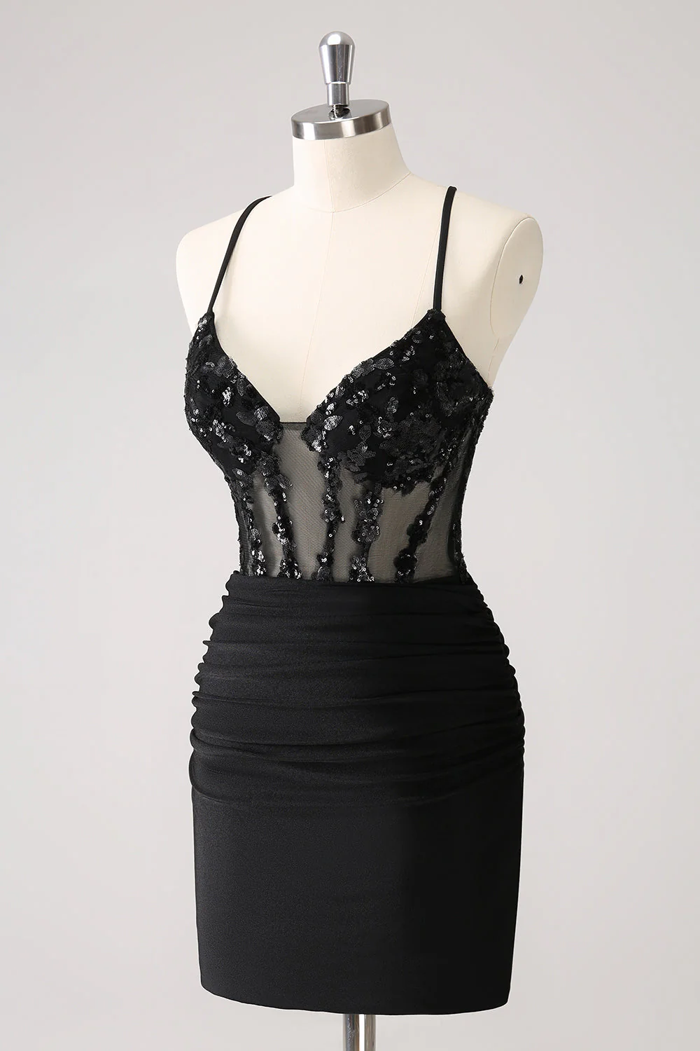 Sparkly Black Bodycon Spaghetti Corset Short Graduation Dress with Lace Up Back - Image 3