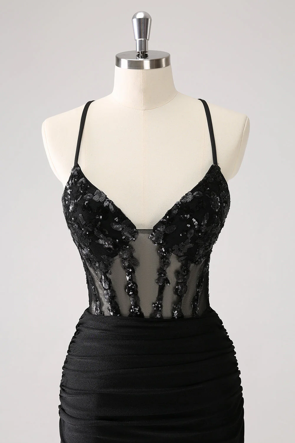 Sparkly Black Bodycon Spaghetti Corset Short Graduation Dress with Lace Up Back - Image 4