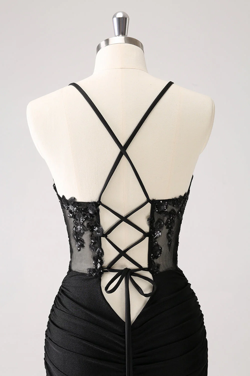 Sparkly Black Bodycon Spaghetti Corset Short Graduation Dress with Lace Up Back - Image 5