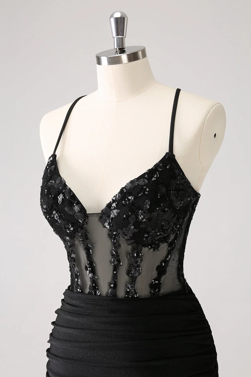 Sparkly Black Bodycon Spaghetti Corset Short Graduation Dress with Lace Up Back - Image 6