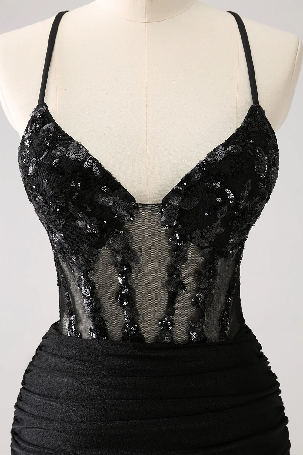 Sparkly Black Bodycon Spaghetti Corset Short Graduation Dress with Lace Up Back - Image 7