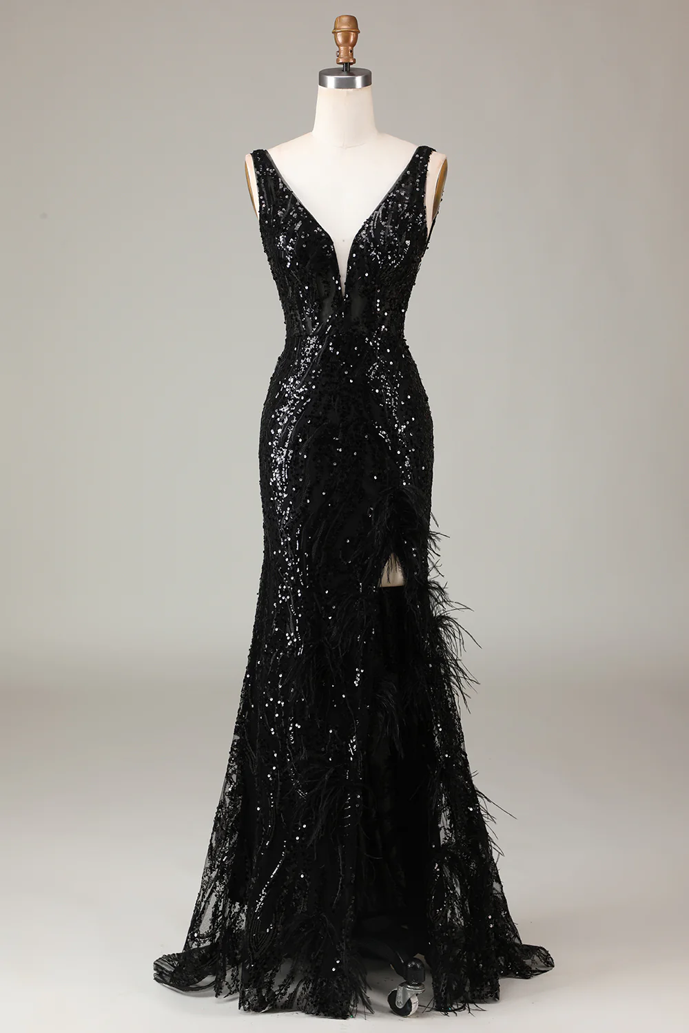 Sparkly Black Depp V-neck Mermaid Long Prom Dress with Feathers - Image 3