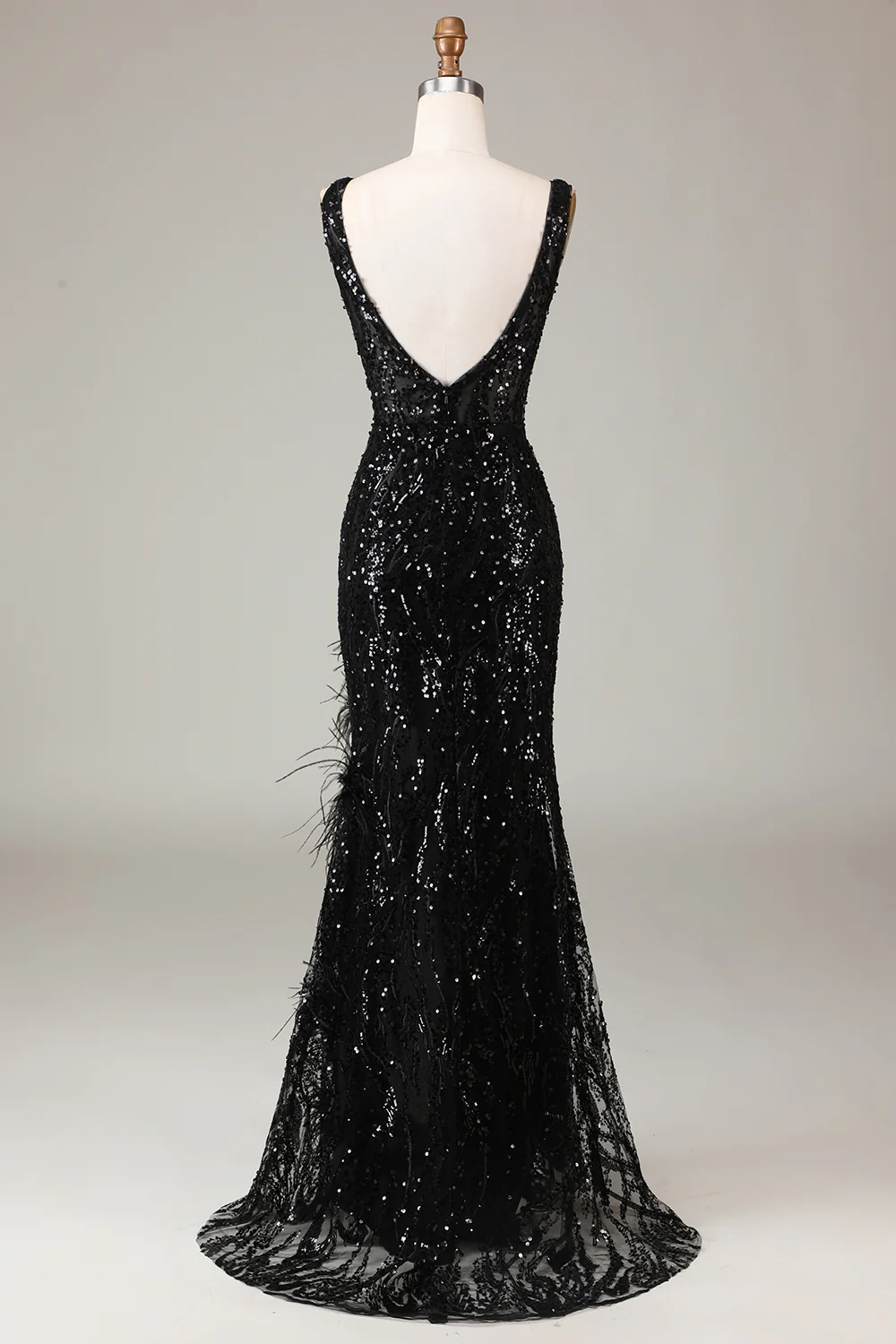 Sparkly Black Depp V-neck Mermaid Long Prom Dress with Feathers - Image 4