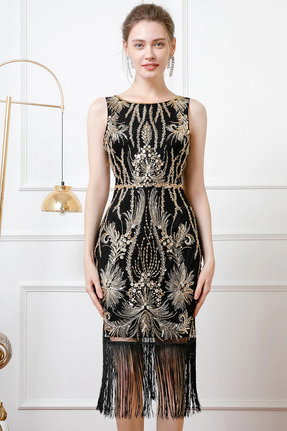 Sparkly Black Golden Sheath Boat Neck Fringed 1920s Dress - Image 5