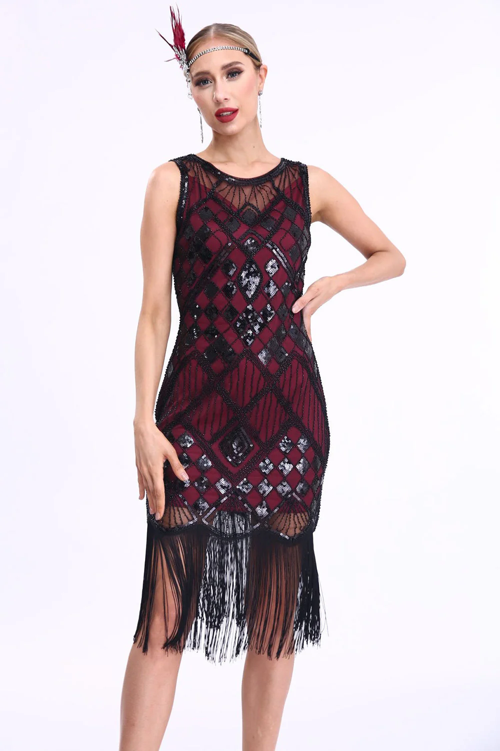 Sparkly Black Red Fringed 1920s Gatsby Dress with 20s Accessories Set - Image 2