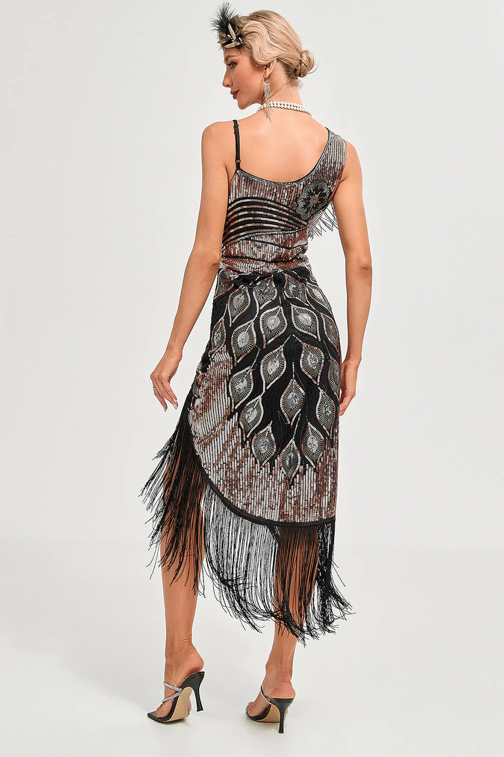 Sparkly Black Sequins Fringes Asymmetrical 1920s Gatsby Dress with Accessories Set - Image 2