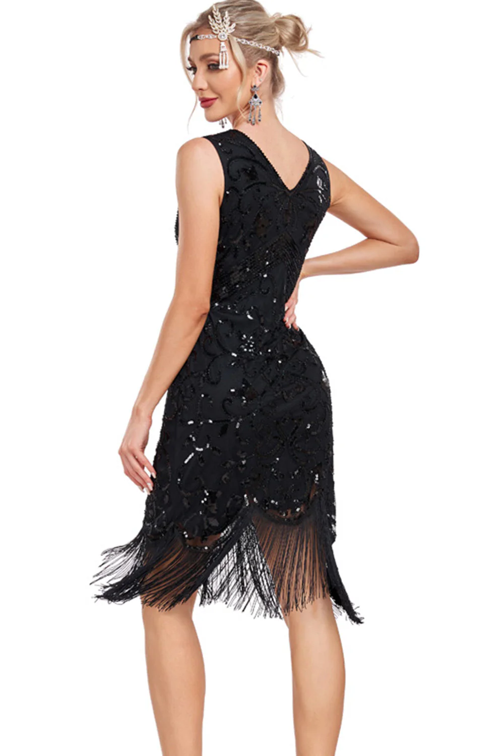 Sparkly Black Sequins V-Neck 1920s Flapper Dress with Fringes - Image 2