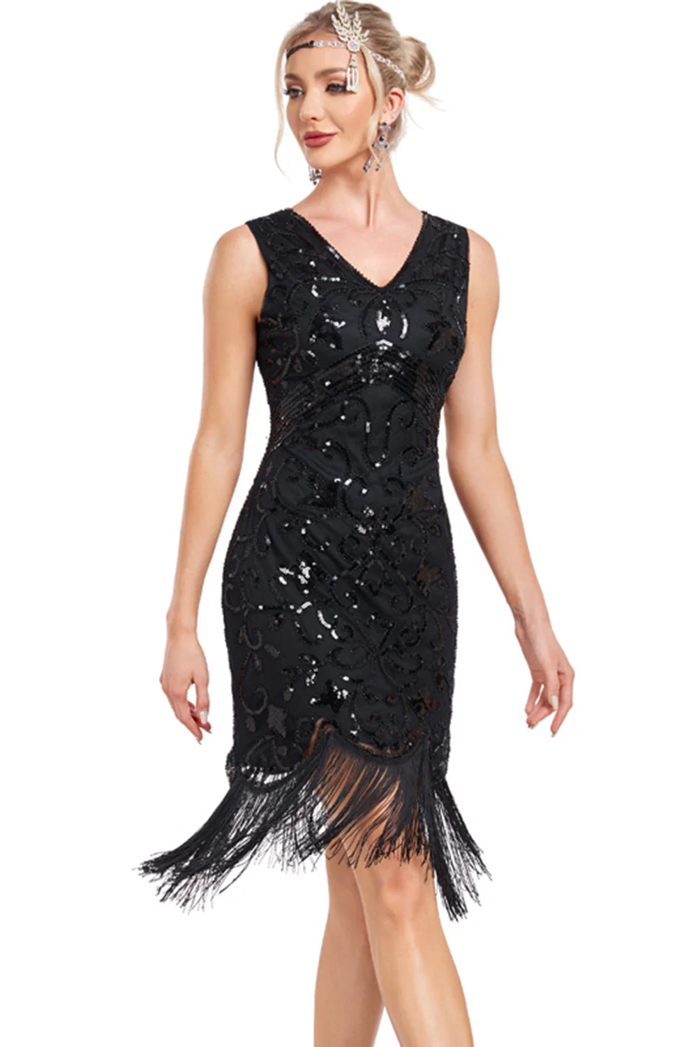 Sparkly Black Sequins V-Neck 1920s Flapper Dress with Fringes - Image 4