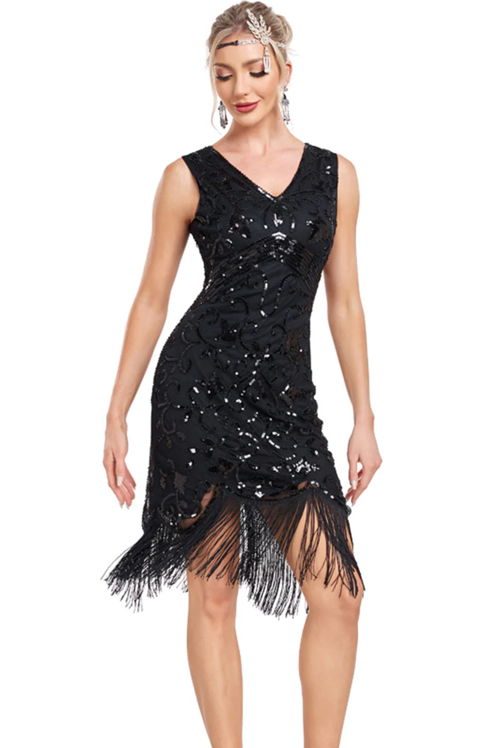 Sparkly Black Sequins V-Neck 1920s Flapper Dress with Fringes - Image 5