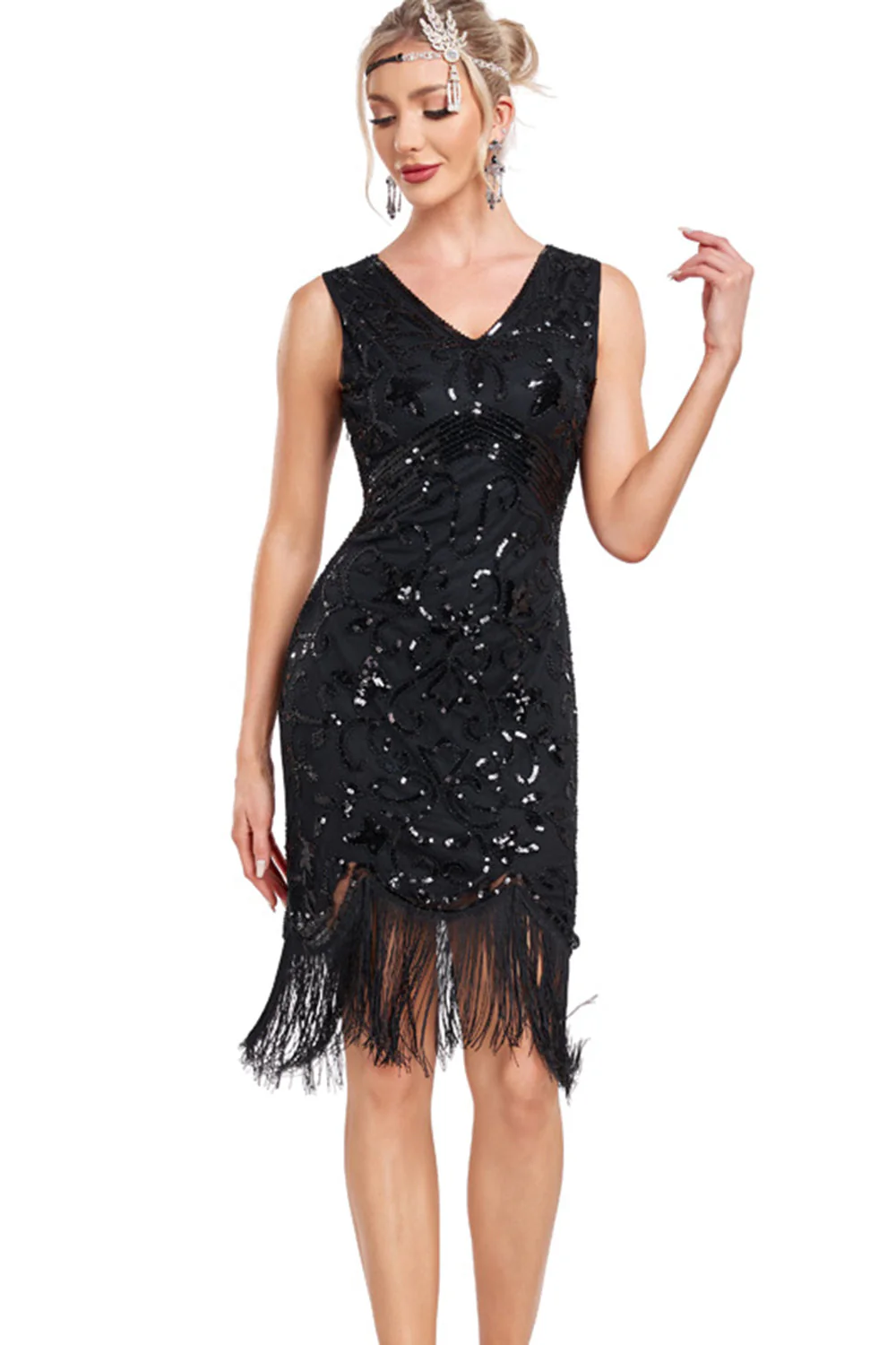 Sparkly Black Sequins V-Neck 1920s Flapper Dress with Fringes - Image 6