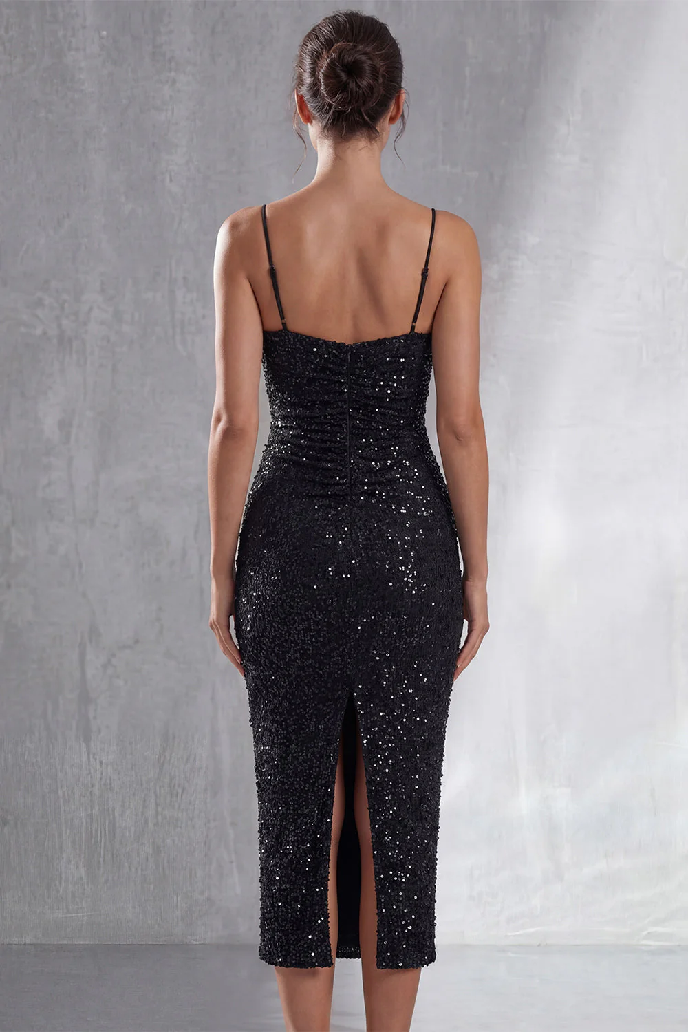 Sparkly Black Spaghetti Straps Sheath Midi Dress - Image 2