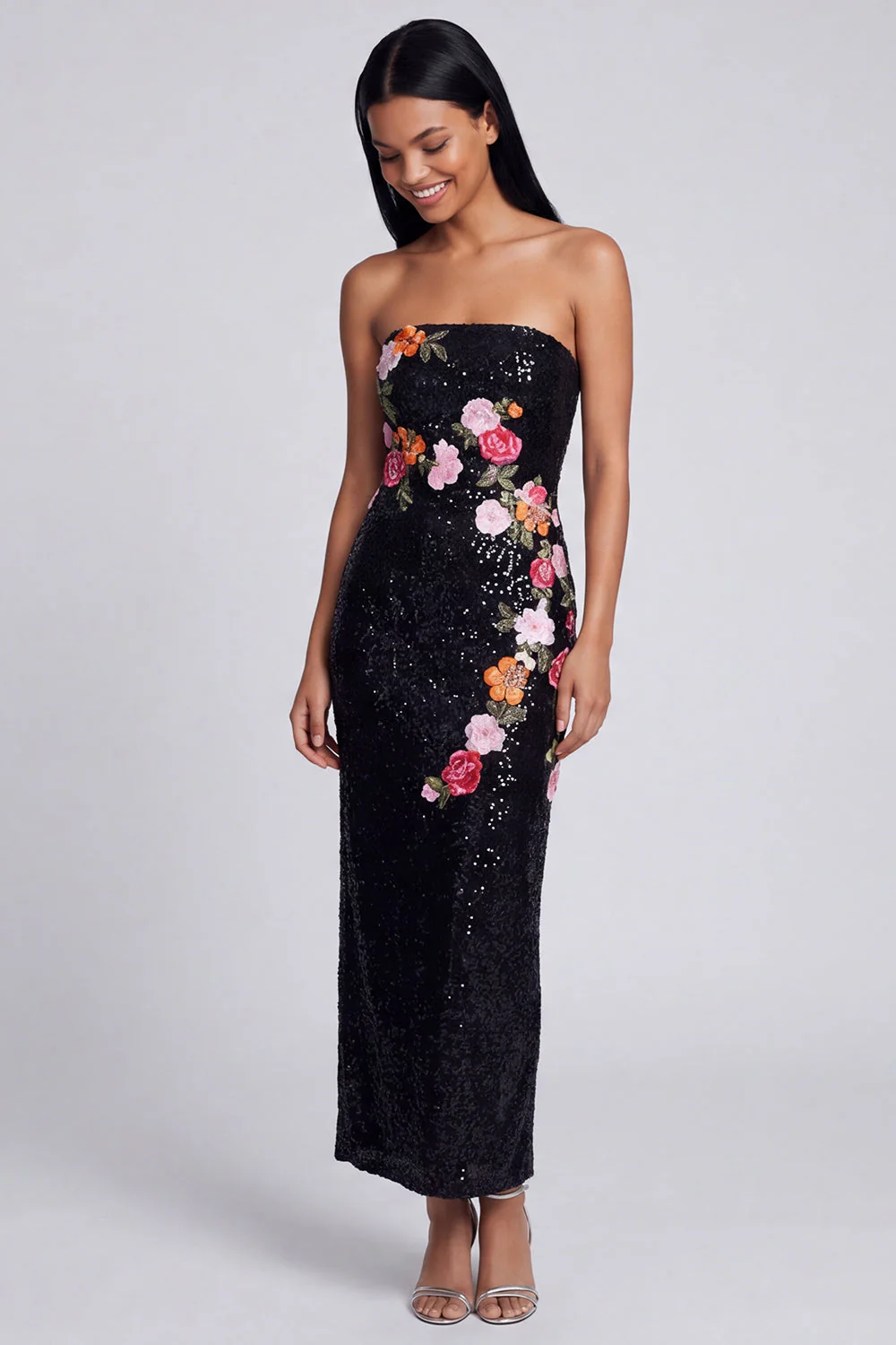 Sparkly Black Strapless Sheath Long Floral Dress with Sequins