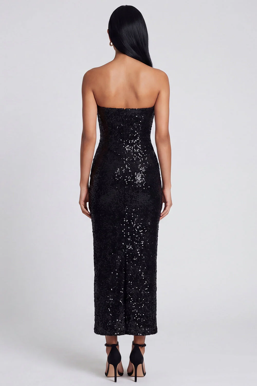 Sparkly Black Strapless Sheath Long Floral Dress with Sequins - Image 2
