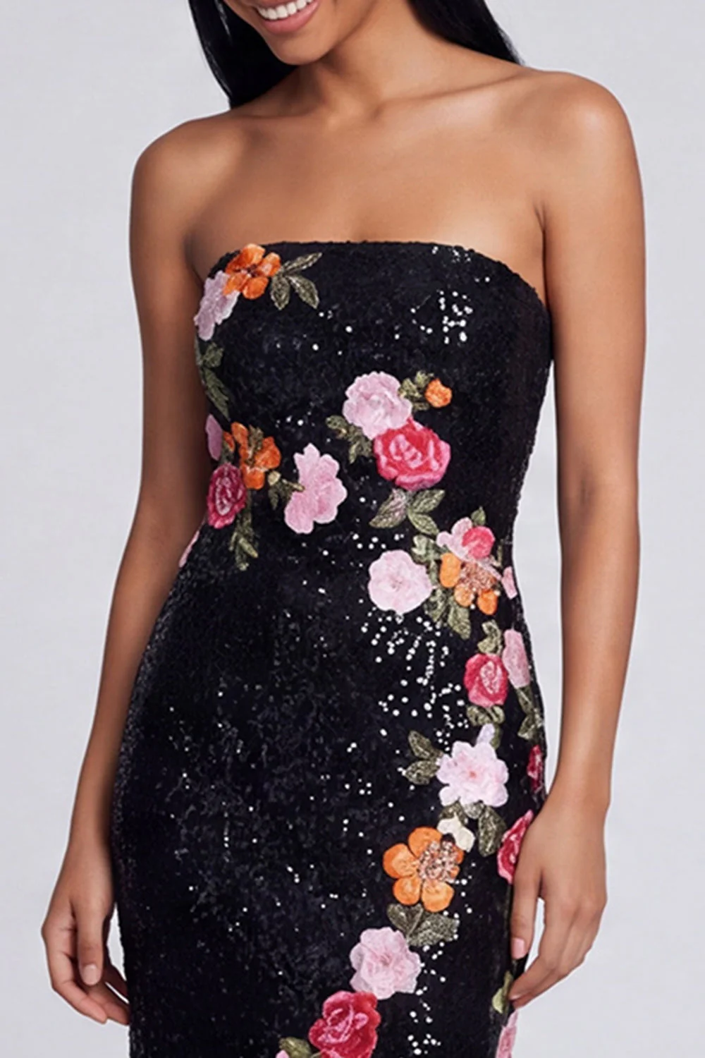 Sparkly Black Strapless Sheath Long Floral Dress with Sequins - Image 3