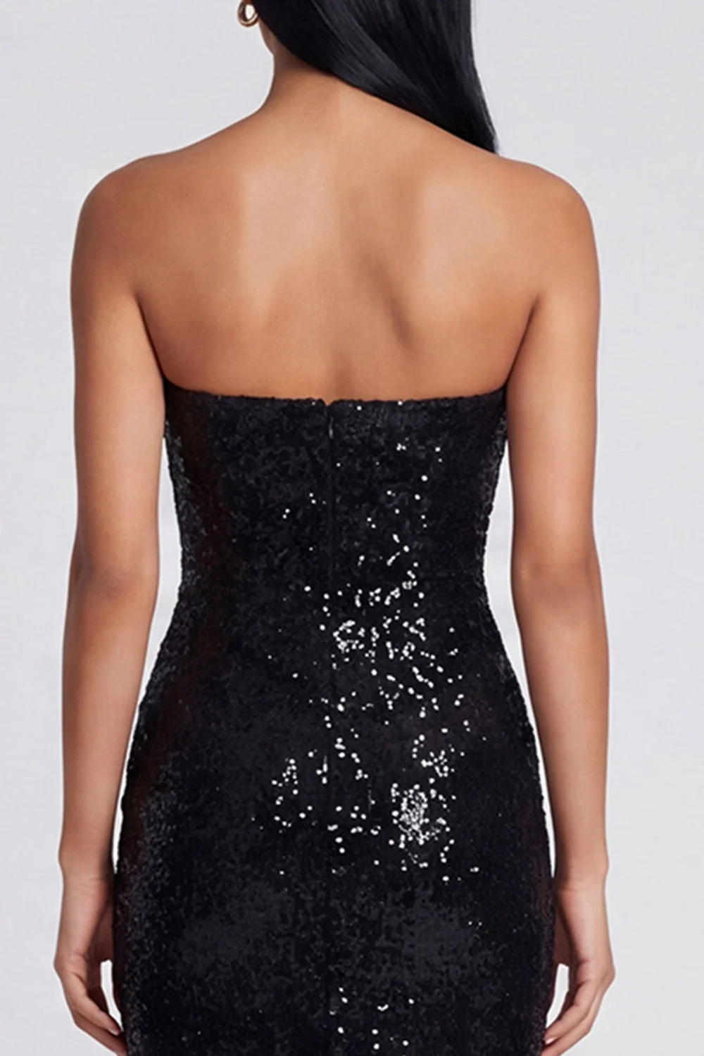 Sparkly Black Strapless Sheath Long Floral Dress with Sequins - Image 4