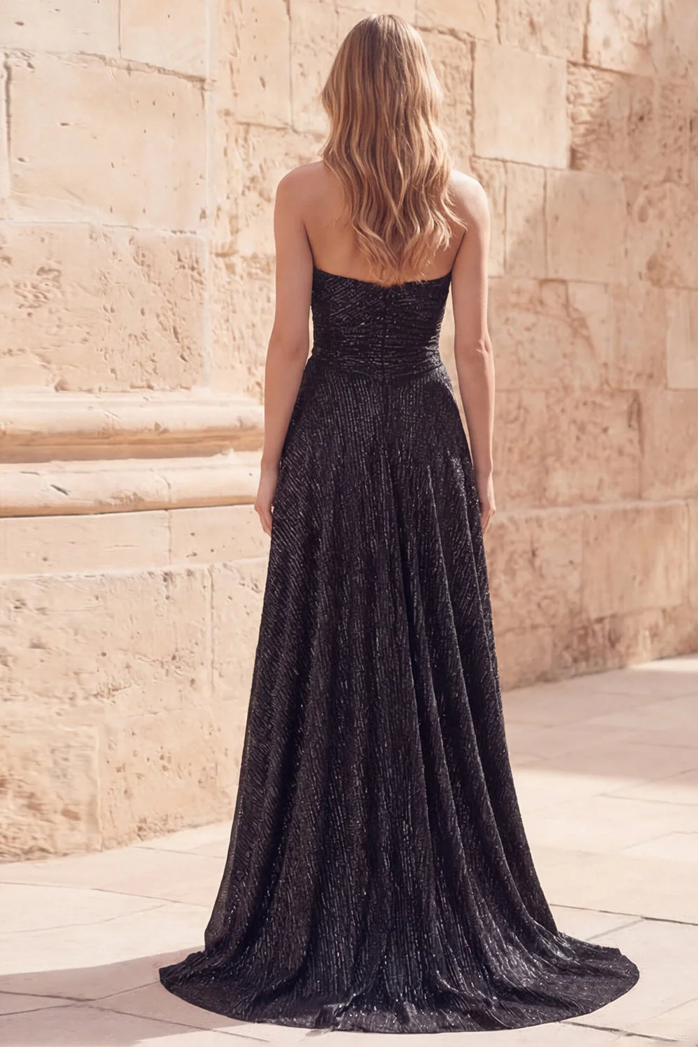 Sparkly Black Sweetheart A-Line Beaded Pleated Long Prom Dress with Slit - Image 2
