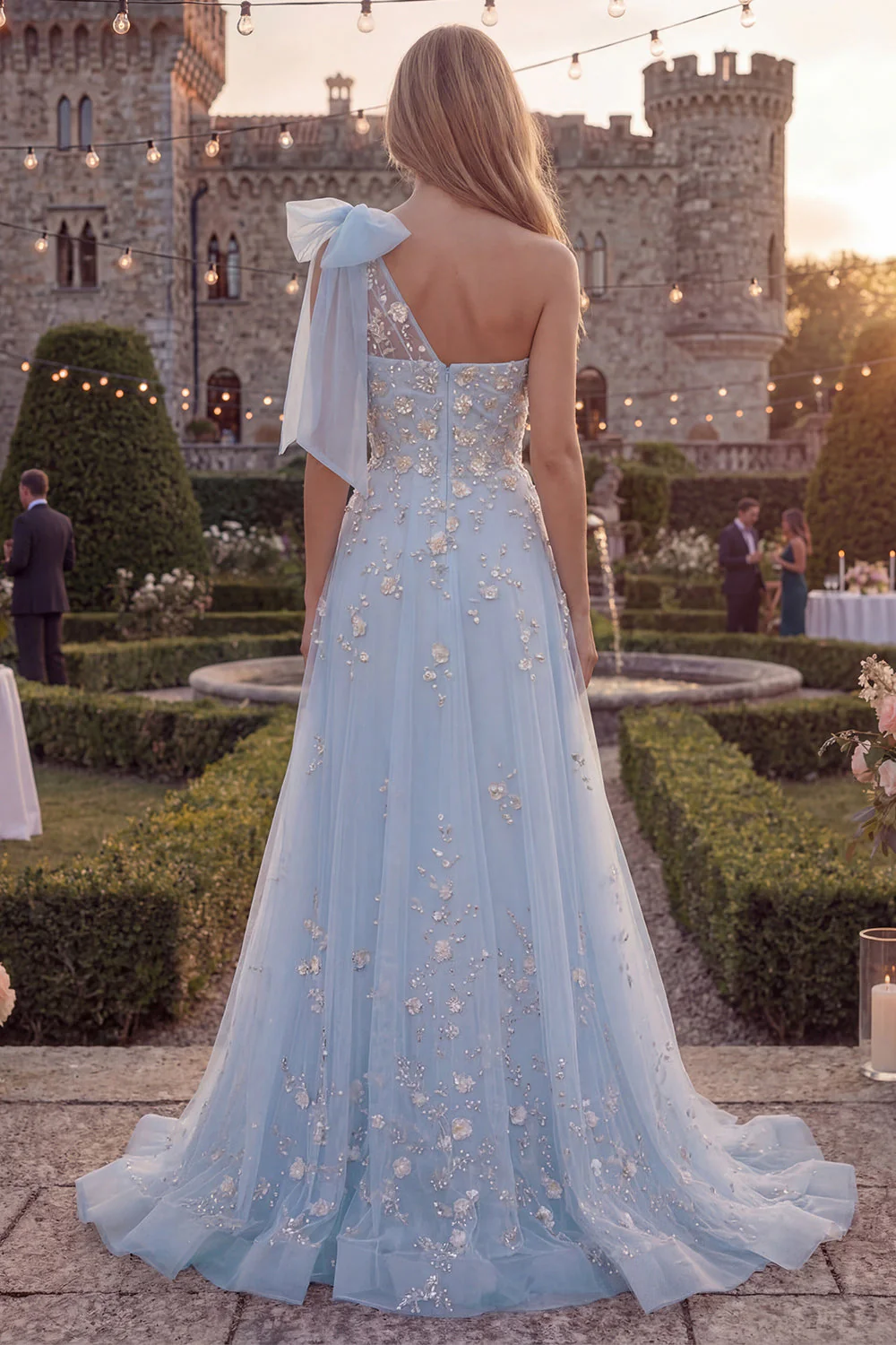 One Shoulder Blue A-Line Sequins Beaded Long Prom Dress with Bow - Image 2