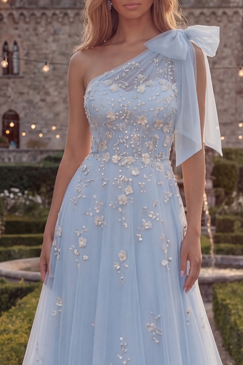 One Shoulder Blue A-Line Sequins Beaded Long Prom Dress with Bow - Image 3