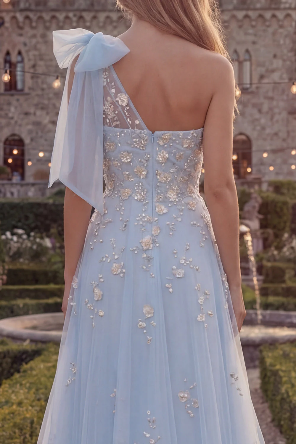 One Shoulder Blue A-Line Sequins Beaded Long Prom Dress with Bow - Image 4
