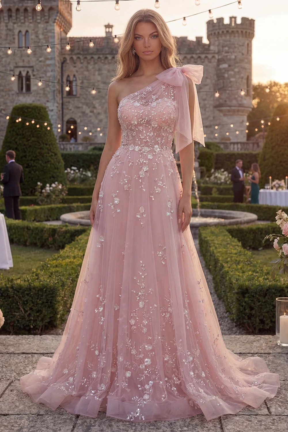 One Shoulder Blue A-Line Sequins Beaded Long Prom Dress with Bow - Image 5