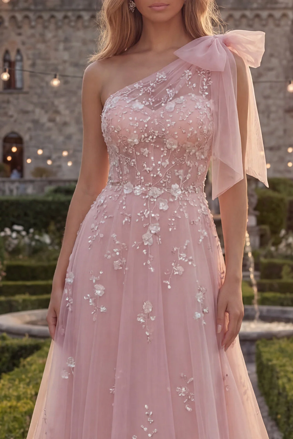 One Shoulder Blue A-Line Sequins Beaded Long Prom Dress with Bow - Image 7