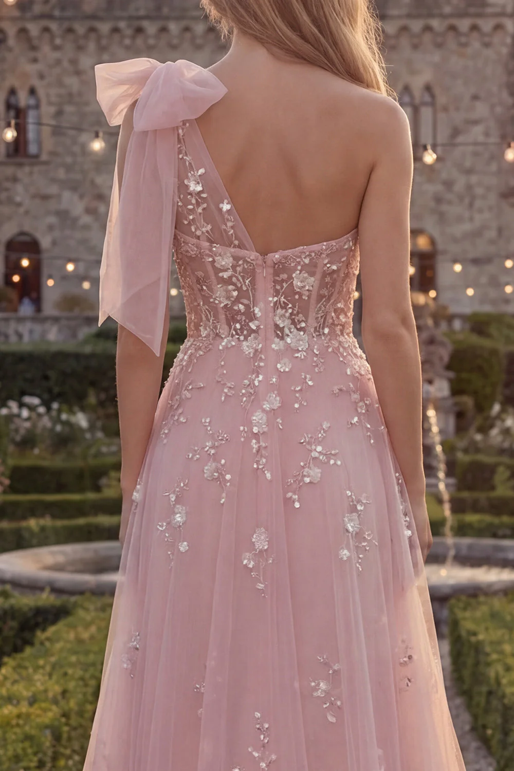 One Shoulder Blue A-Line Sequins Beaded Long Prom Dress with Bow - Image 8