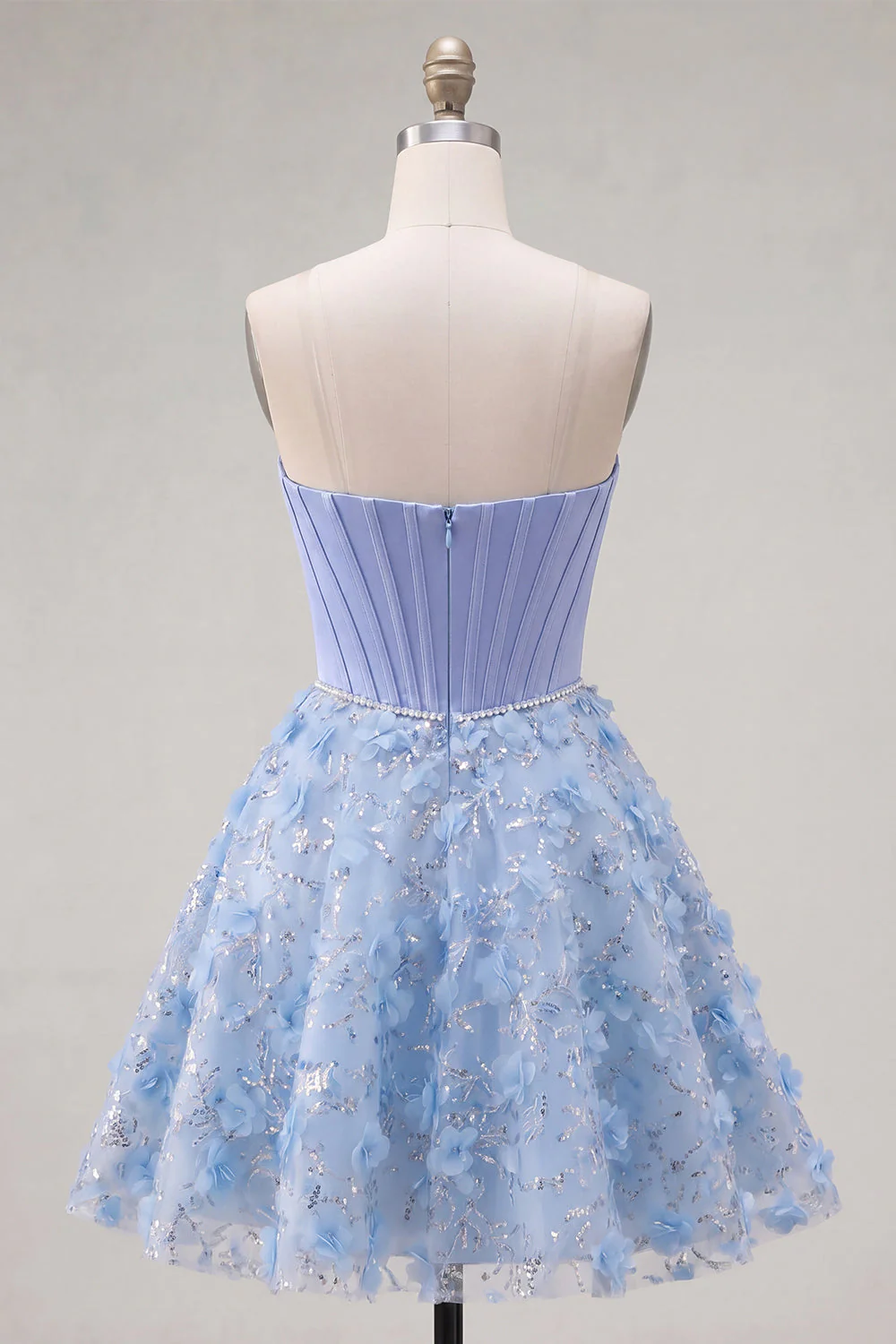 Strapless Blue A Line 3D Flowers Corset Cocktail Dress - Image 2