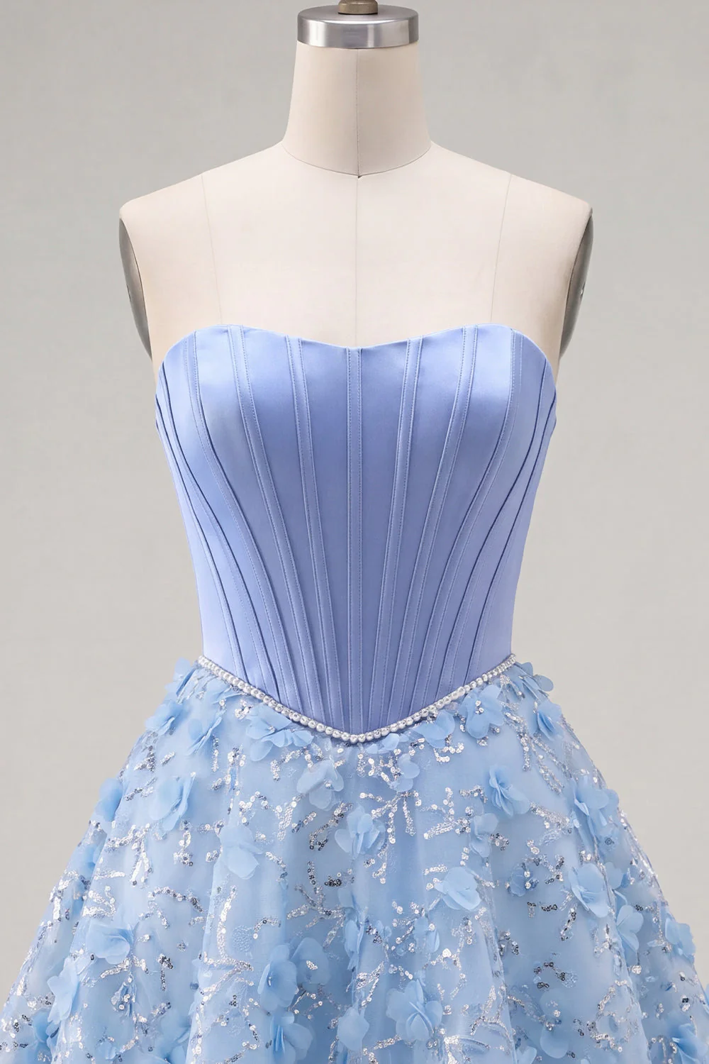 Strapless Blue A Line 3D Flowers Corset Cocktail Dress - Image 5