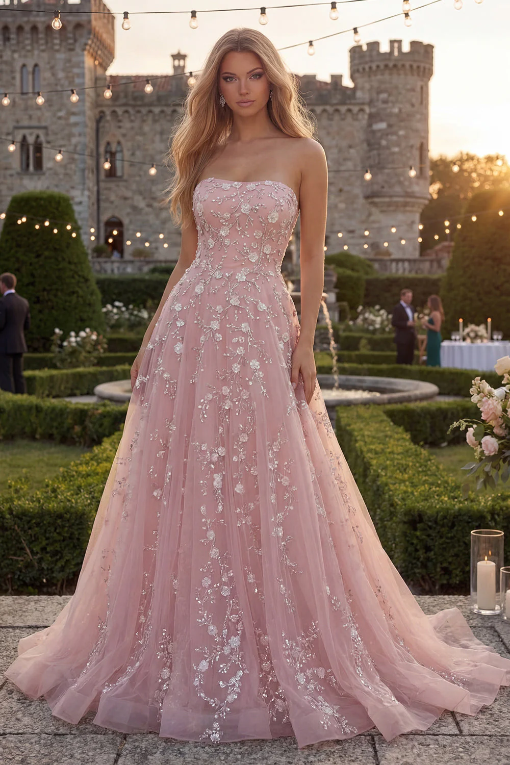 Strapless Blush Tulle A-Line Beaded Sequin Long Prom Dress