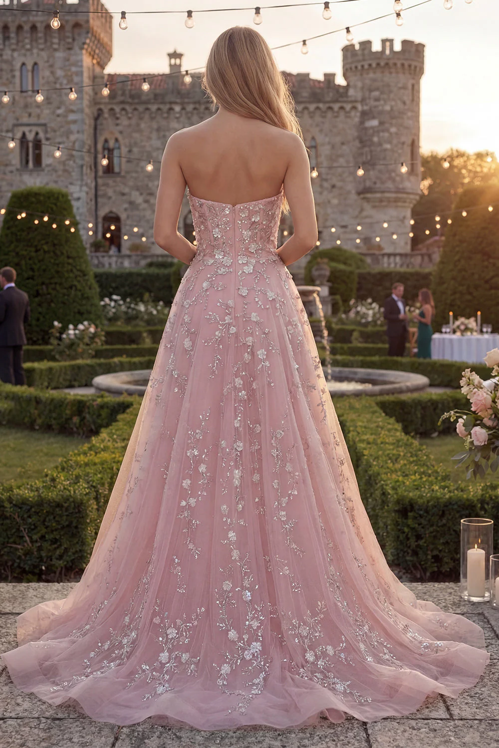 Strapless Blush Tulle A-Line Beaded Sequin Long Prom Dress - Image 2