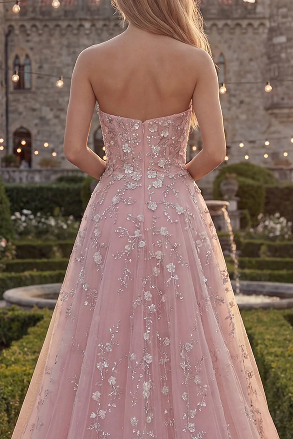Strapless Blush Tulle A-Line Beaded Sequin Long Prom Dress - Image 4