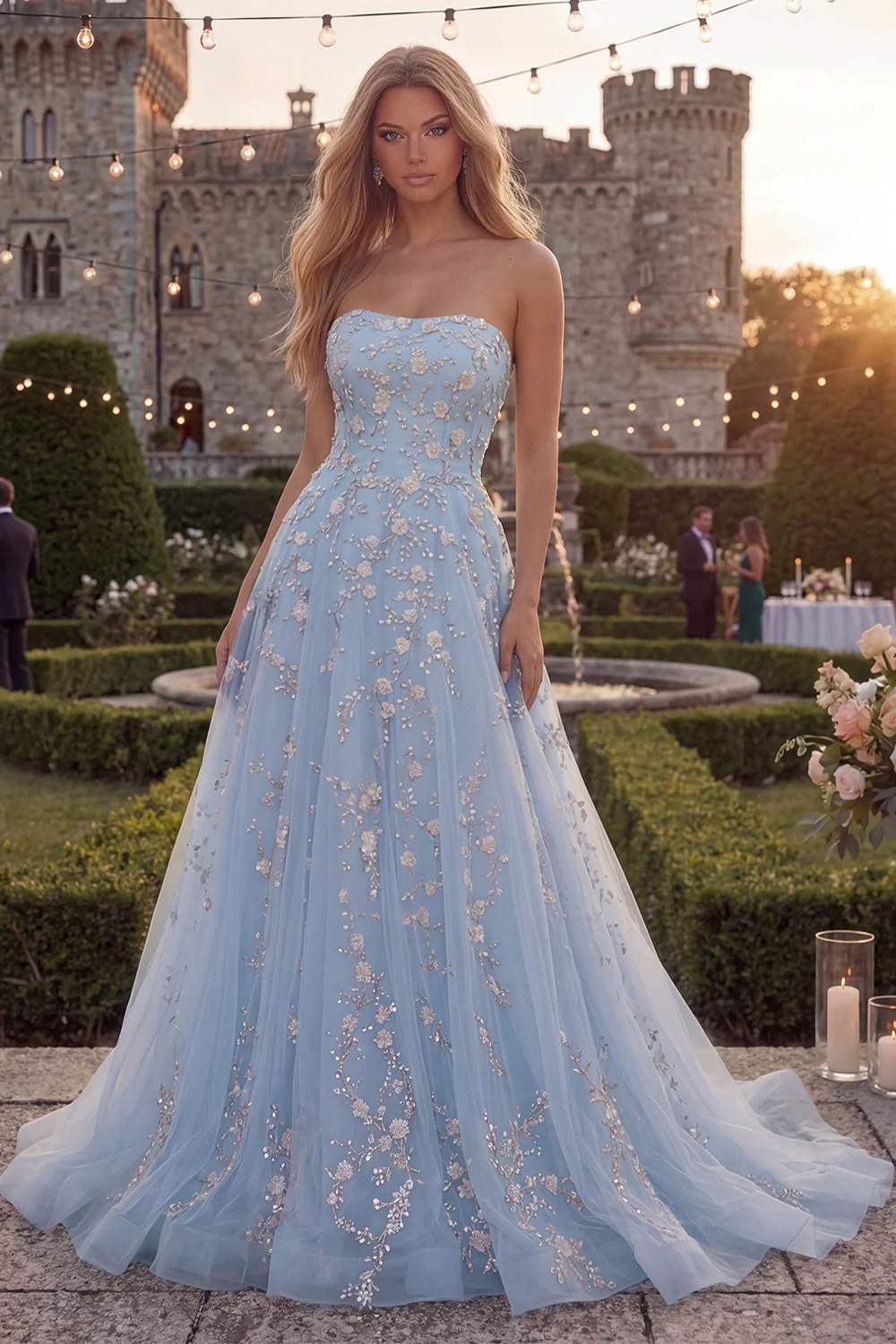 Strapless Blush Tulle A-Line Beaded Sequin Long Prom Dress - Image 5