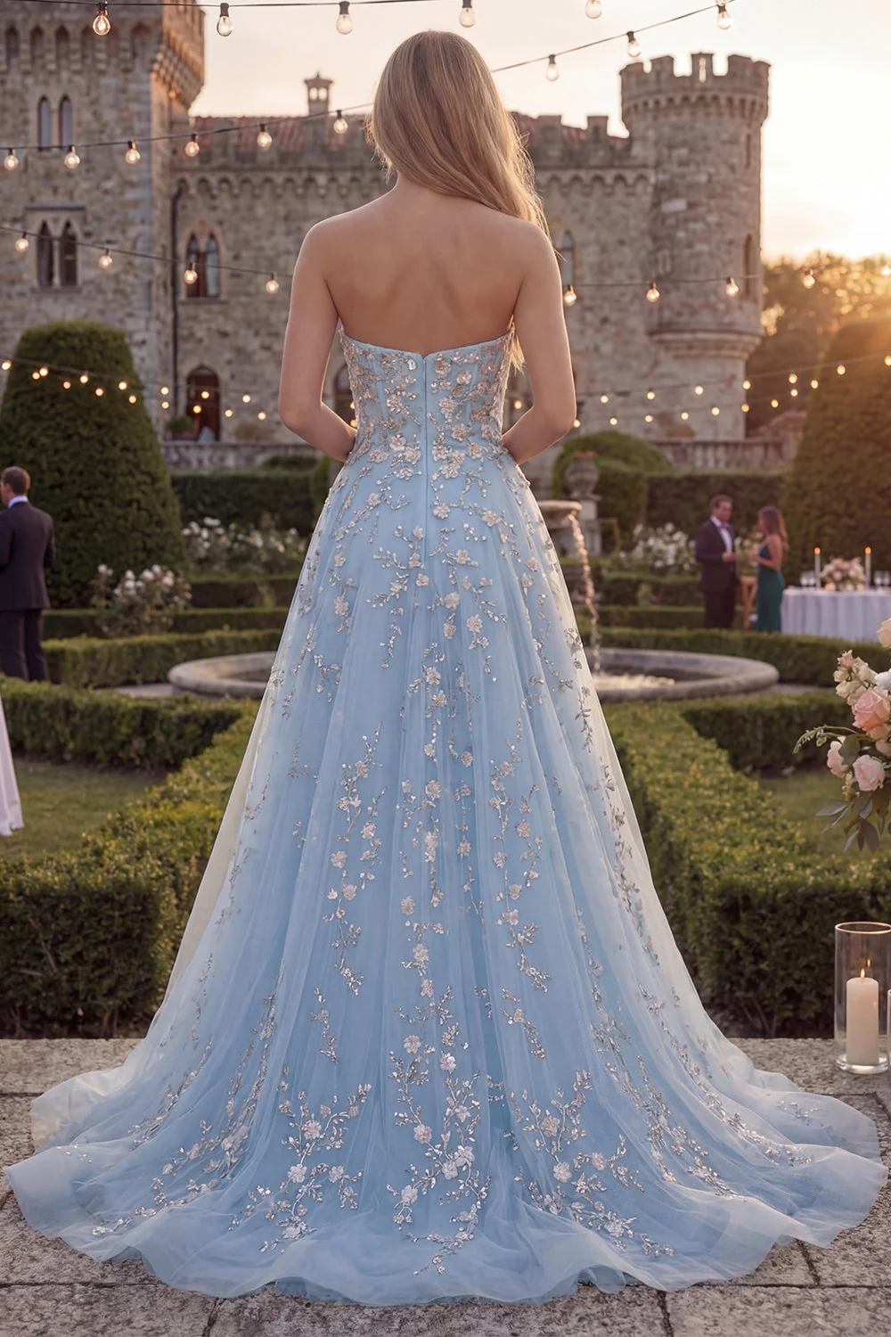 Strapless Blush Tulle A-Line Beaded Sequin Long Prom Dress - Image 6