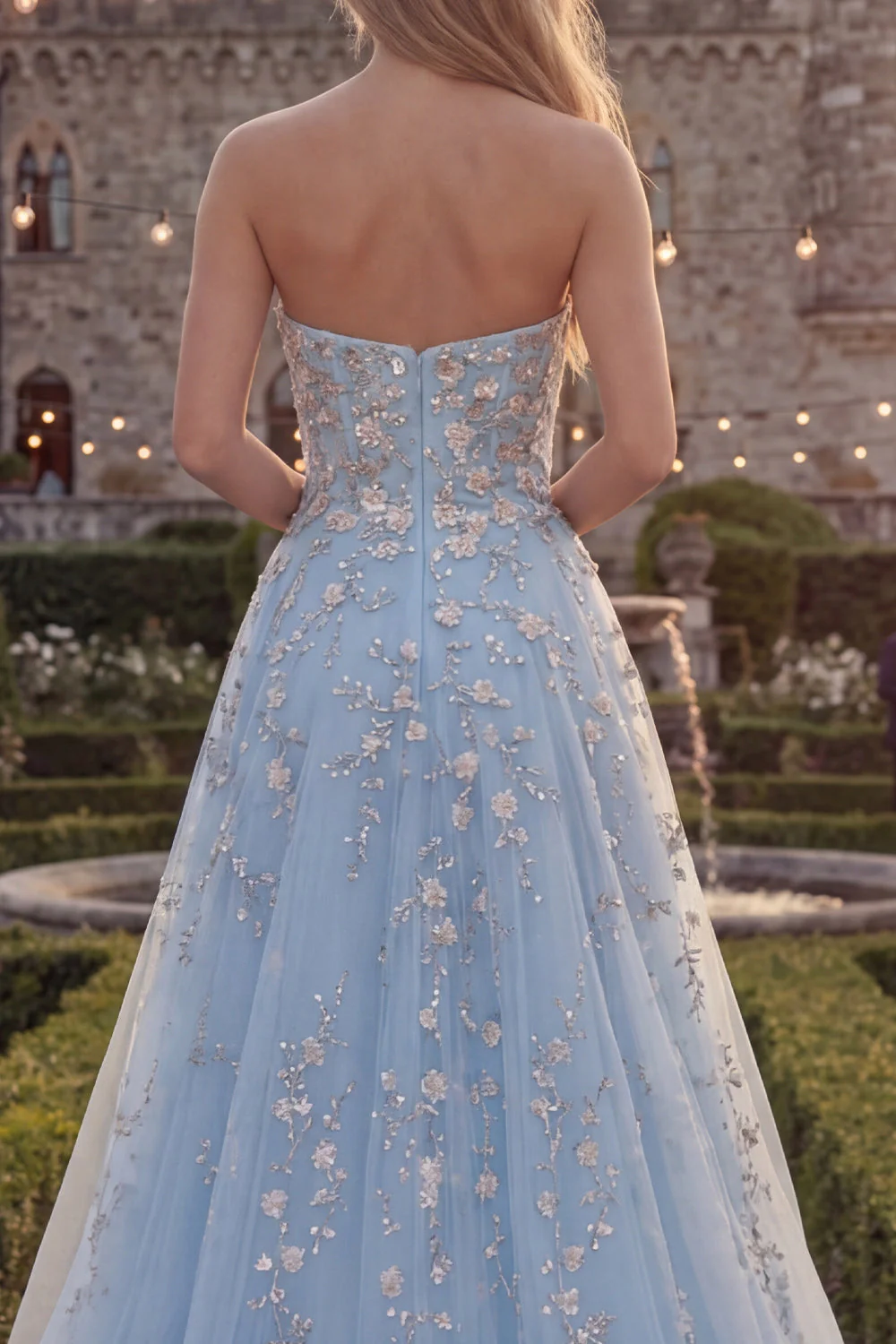 Strapless Blush Tulle A-Line Beaded Sequin Long Prom Dress - Image 8