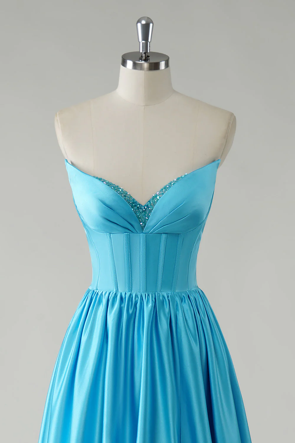 Sparkly Blue A-Line Strapless Sequin Corset Long Prom Dress - Image 4