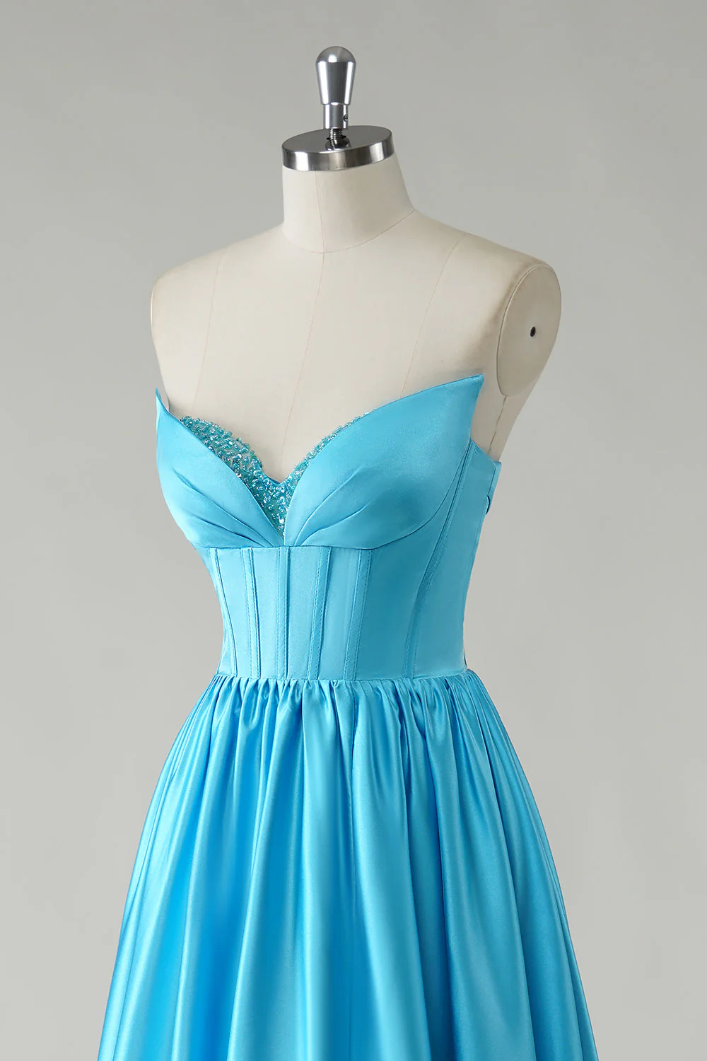 Sparkly Blue A-Line Strapless Sequin Corset Long Prom Dress - Image 6