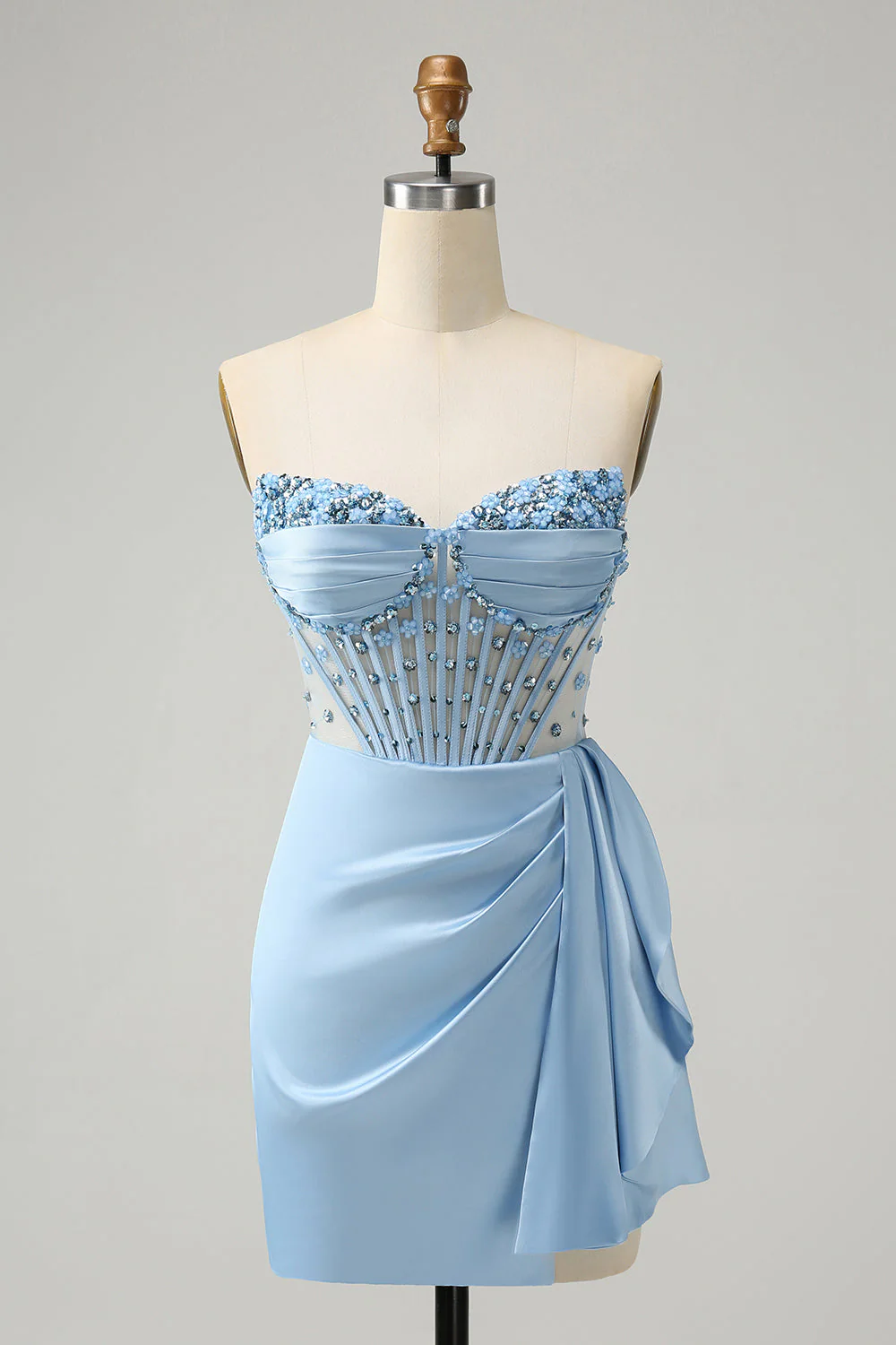 Sparkly Blue Bodycon Sweetheart Beaded Corset Graduation Dress with Slit - Image 3