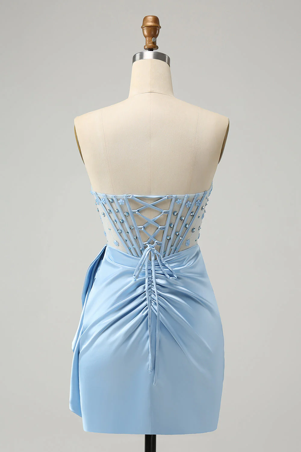 Sparkly Blue Bodycon Sweetheart Beaded Corset Graduation Dress with Slit - Image 4
