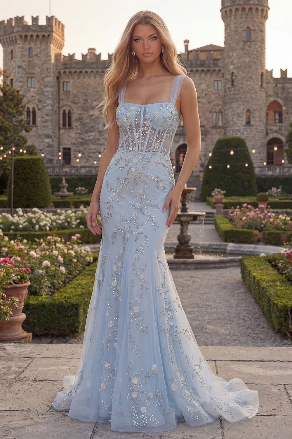 Sparkly Blue Mermaid Sheer Corset Long Prom Dress with Beading