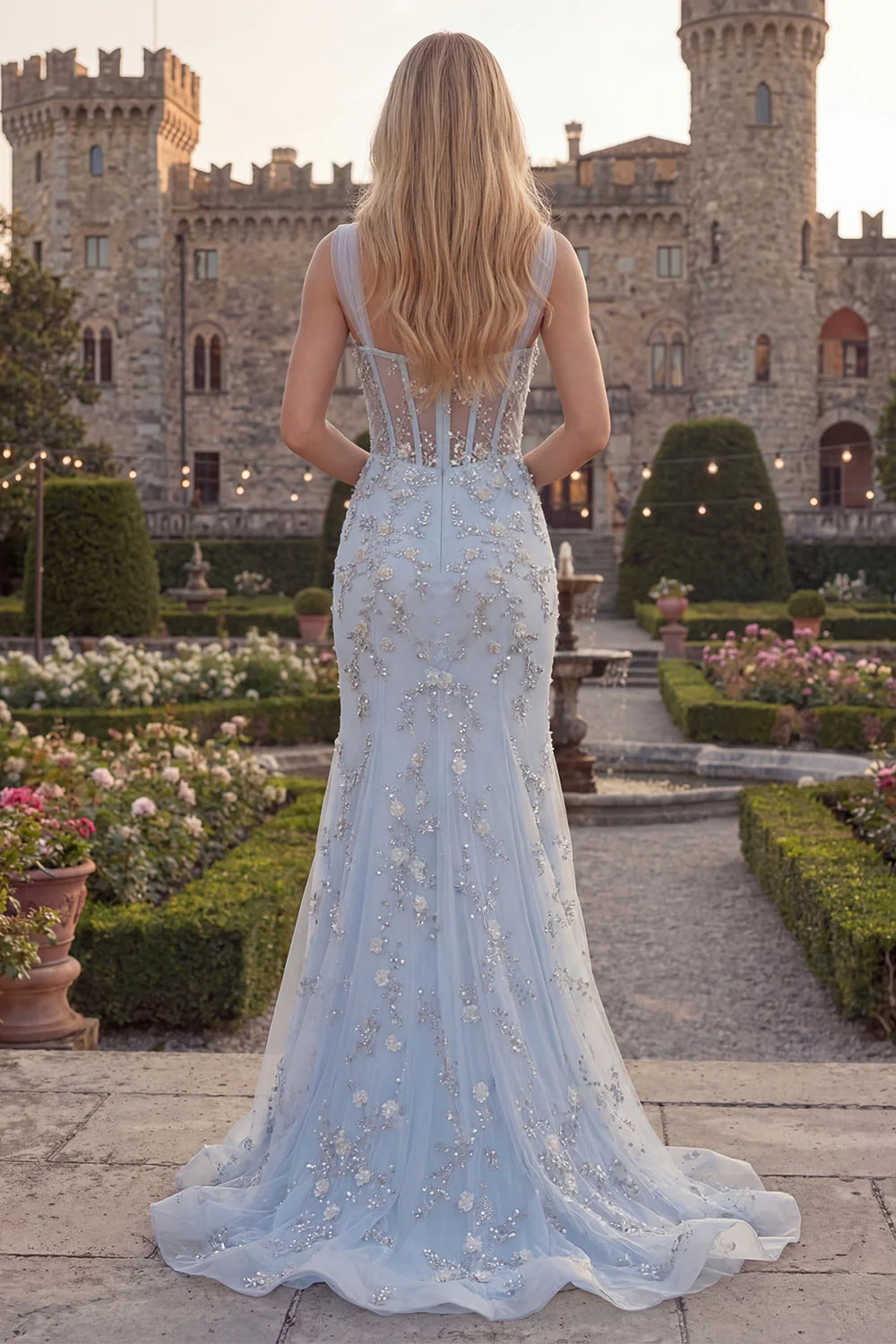 Sparkly Blue Mermaid Sheer Corset Long Prom Dress with Beading - Image 2