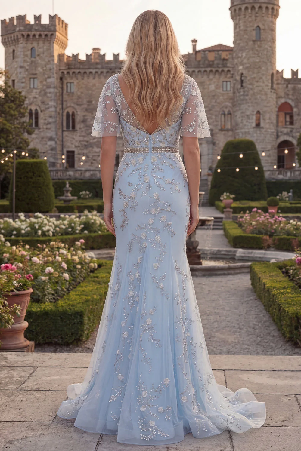 Sparkly Blue Mermaid V-Neck Long Beaded Prom Dress with Sequins - Image 2