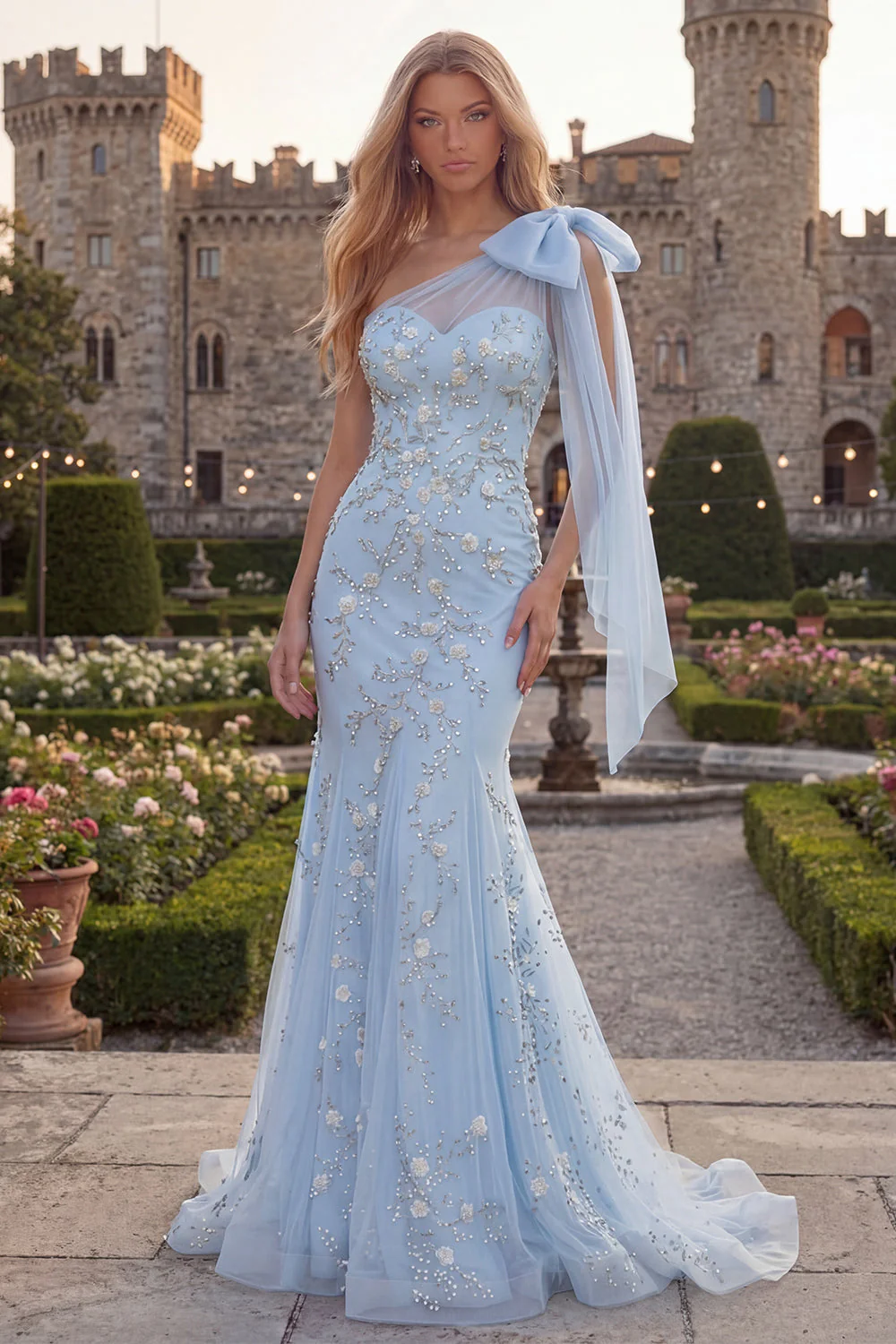 Blue One Shoulder Mermaid Beaded Long Prom Dress with Bow