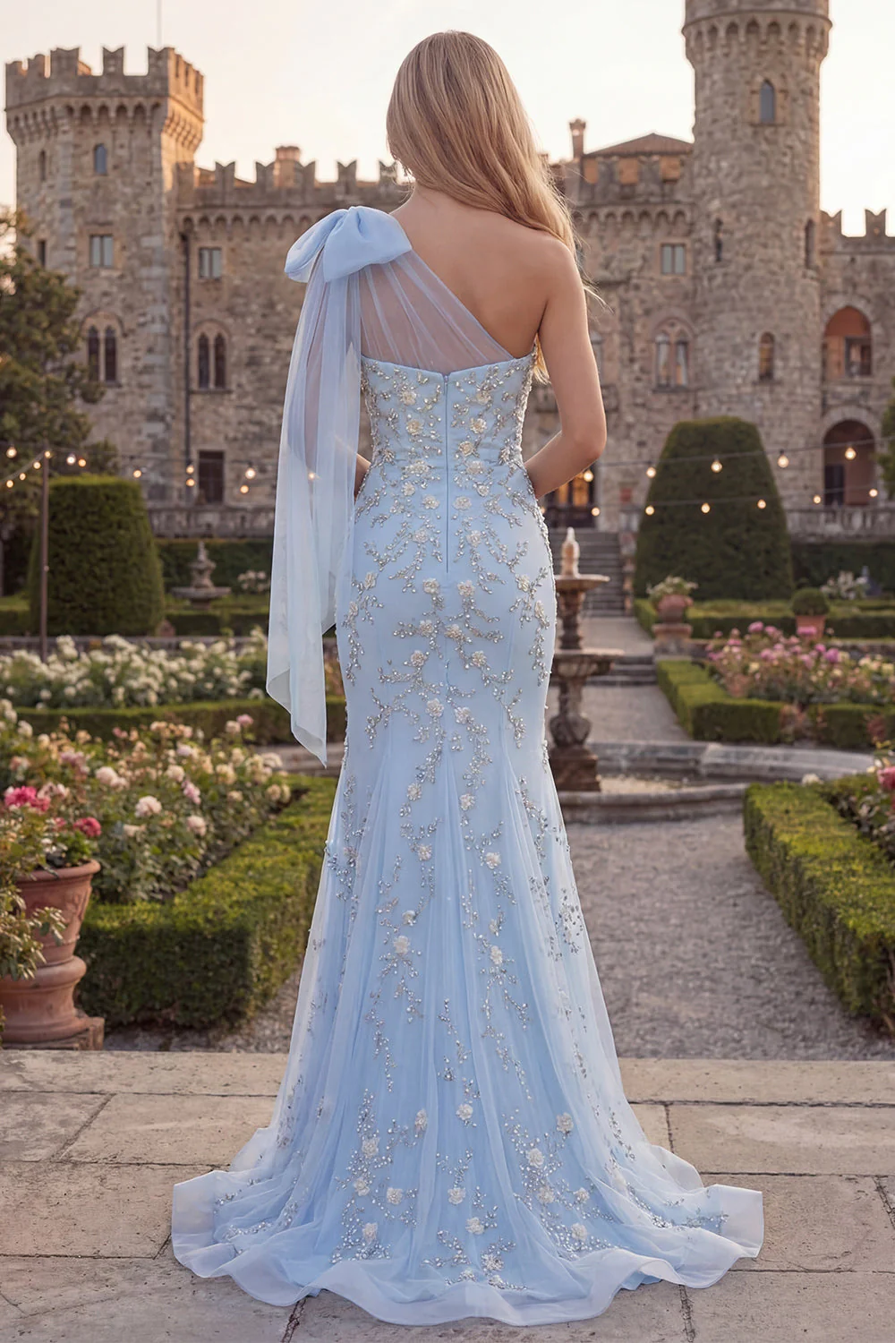 Blue One Shoulder Mermaid Beaded Long Prom Dress with Bow - Image 2