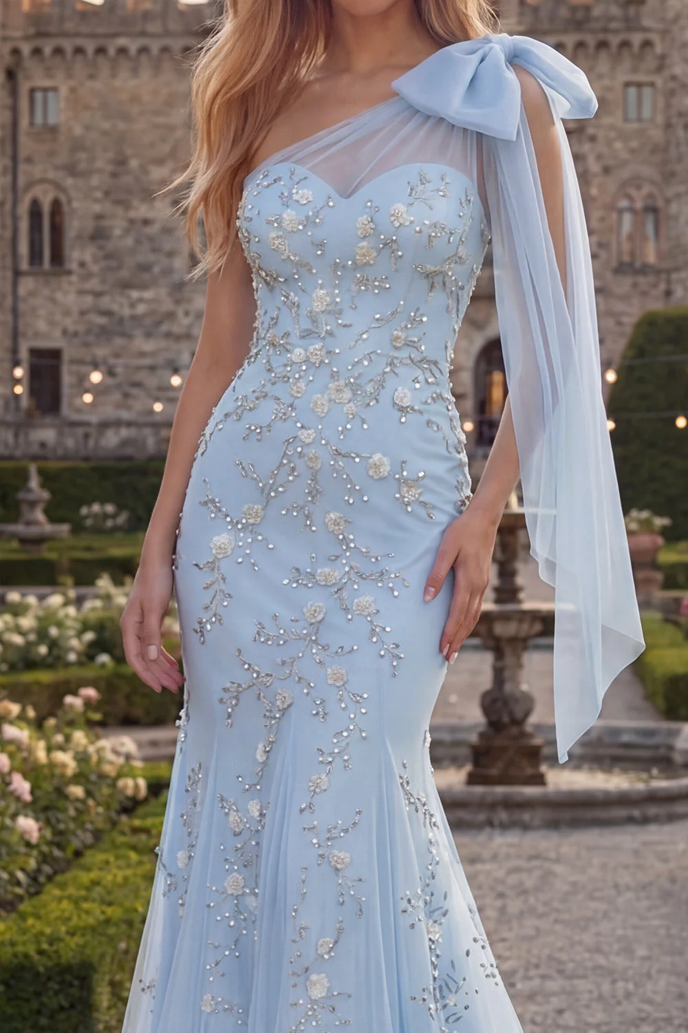 Blue One Shoulder Mermaid Beaded Long Prom Dress with Bow - Image 3