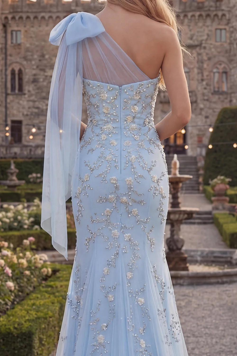 Blue One Shoulder Mermaid Beaded Long Prom Dress with Bow - Image 4