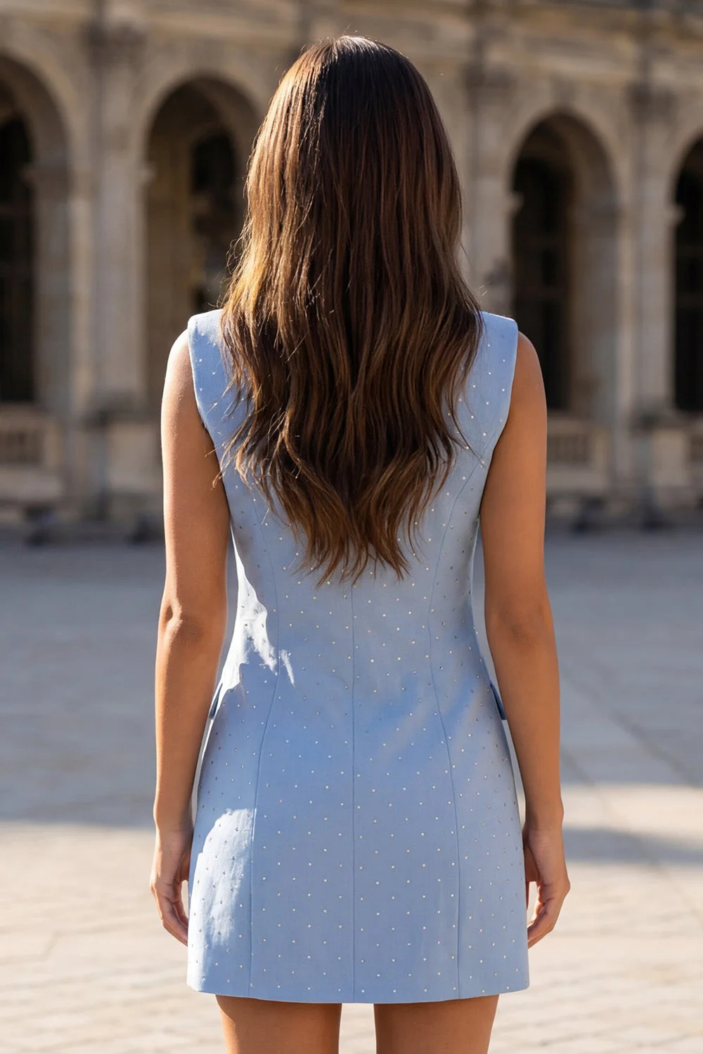 Blue Beaded Peaked Lapel Double Breasted Short Work Dress - Image 2