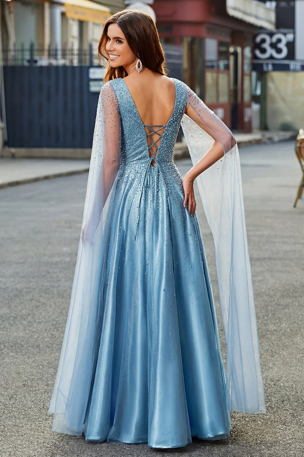 Blue Beaded V-Neck A Line Long Prom Dress with Cape Sleeves - Image 2