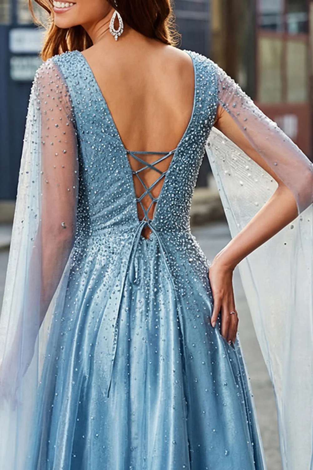 Blue Beaded V-Neck A Line Long Prom Dress with Cape Sleeves - Image 4