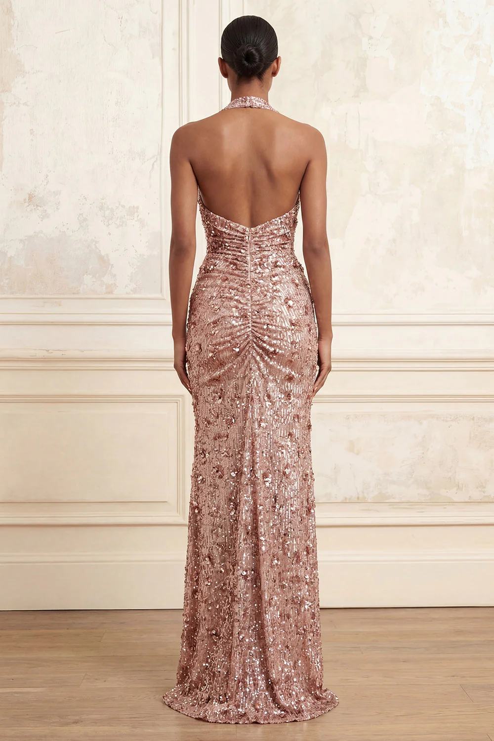 Sparkly Blush Halter Mermaid Ruched Sequin Long Prom Dress with Slit - Image 2
